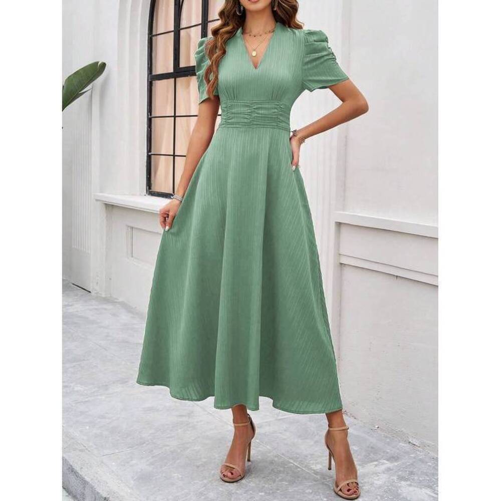 Breezaya Puff Sleeve Waist Cinched Dress Maxi Outfit - Picture 5 of 6